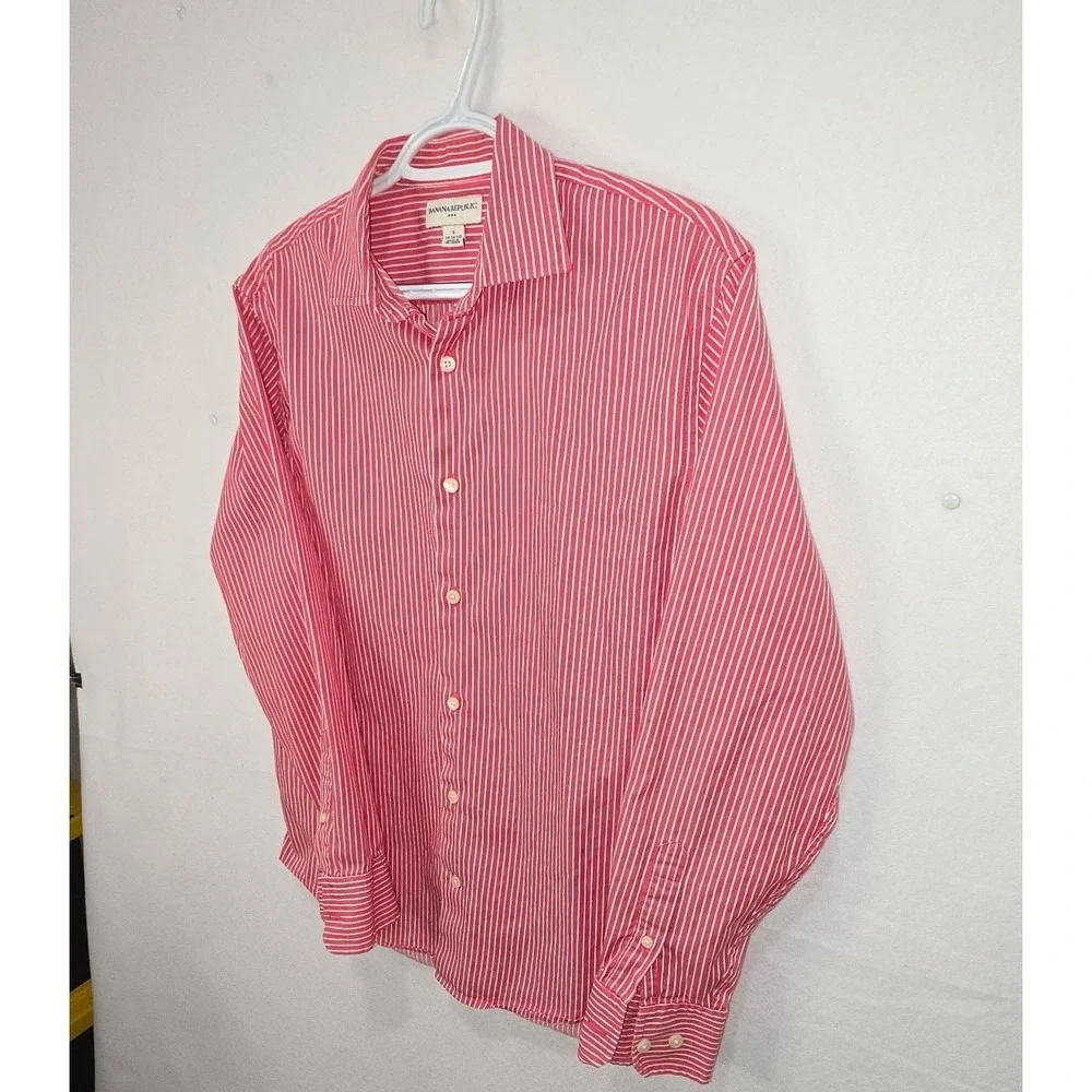 Banana Republic Mens Small Red White Striped Long Sleeve Button Down Shirt S